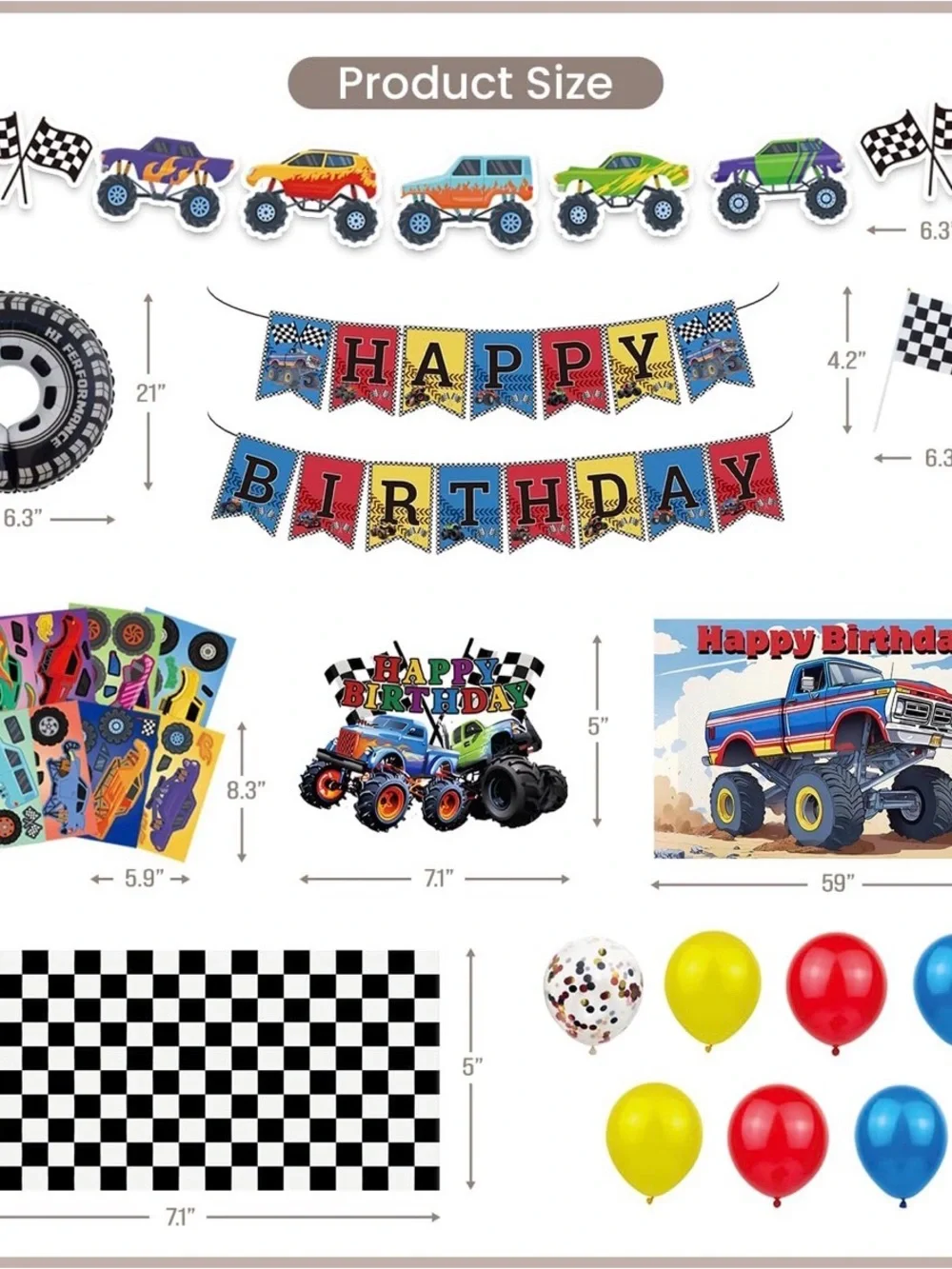 Birthday Monster Truck Party Backdrop and Balloon Kit - Blue, Red, Yellow